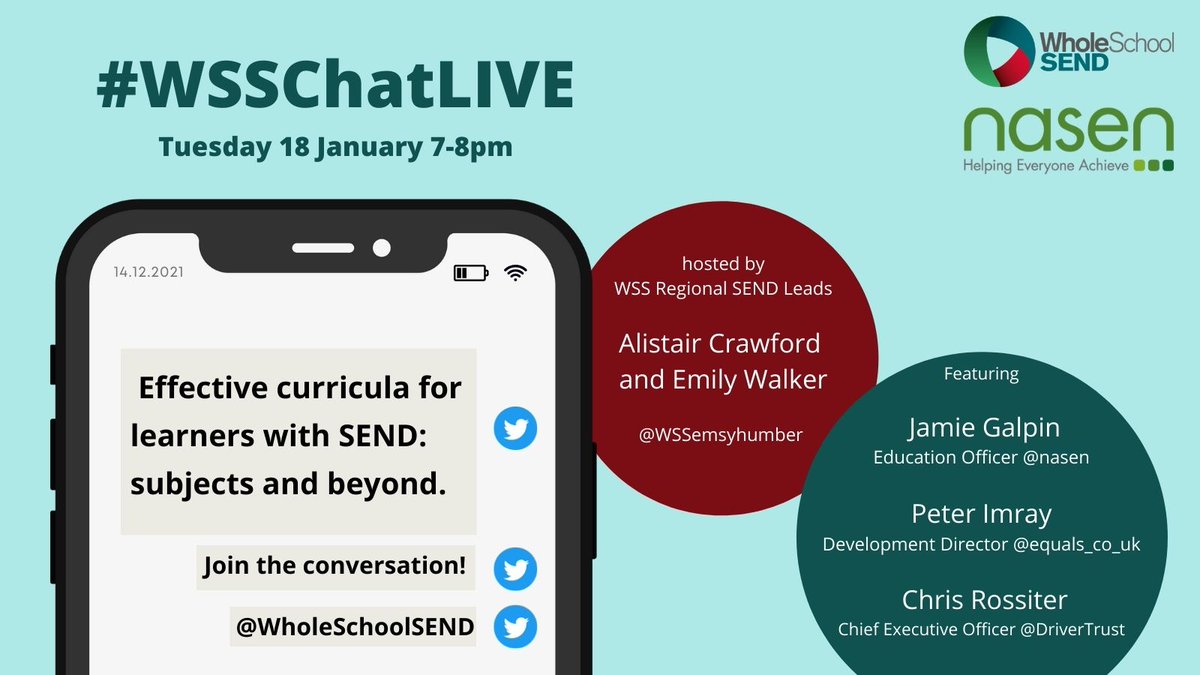 Whole School SEND (@wholeschoolsend) on Twitter photo This time next week, we'll be getting ready for Twitter Chat with <a href="/WSSemsyhumber/">WSS East Midlands, South Yorkshire and the Humber</a> <a href="/NasenJames/">James, nasen</a> <a href="/equals_co_uk/">EQUALS</a> <a href="/DriverTrust/">Driver Youth Trust</a>
Join us to discuss Effective Curricula for Learners with SEND.
Tuesday 18 January, 7-8pm
#WSSChatLIVE
#SEND
#SENCO
#Inclusion This time next week, we'll be getting ready for Twitter Chat with <a href="/WSSemsyhumber/">WSS East Midlands, South Yorkshire and the Humber</a> <a href="/NasenJames/">James, nasen</a> <a href="/equals_co_uk/">EQUALS</a> <a href="/DriverTrust/">Driver Youth Trust</a>
Join us to discuss Effective Curricula for Learners with SEND.
Tuesday 18 January, 7-8pm
#WSSChatLIVE
#SEND
#SENCO
#Inclusion