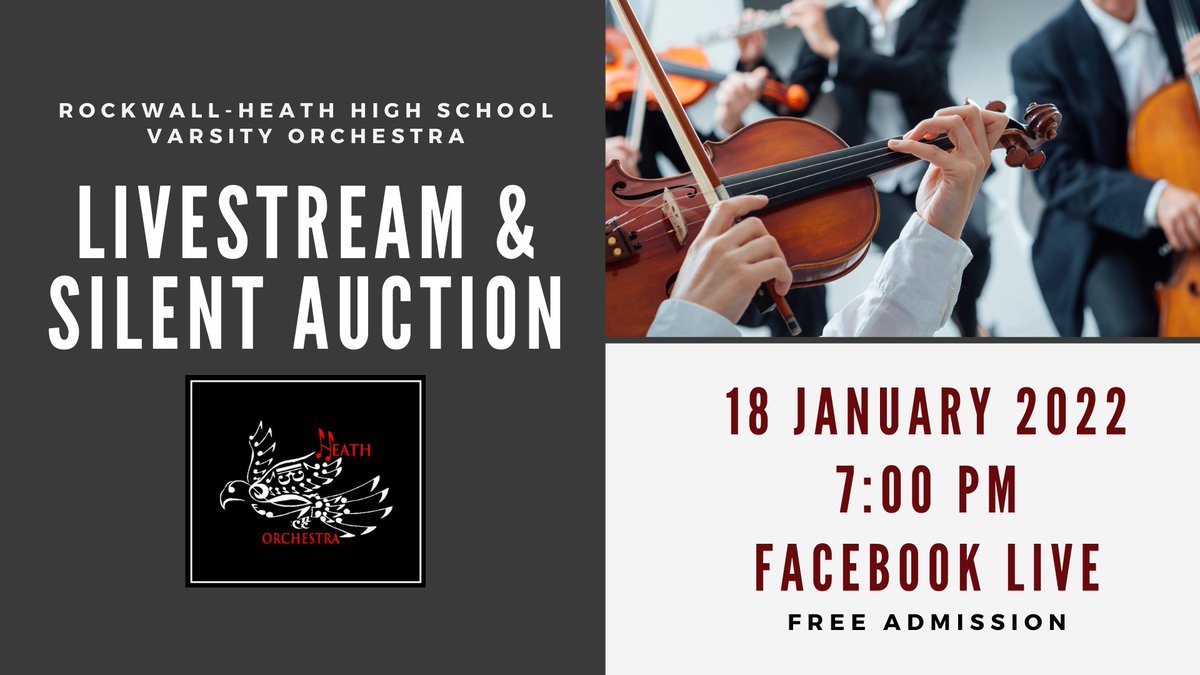 HeathOrchestra's tweet photo. We are exactly one week away from our first EVER Livestream &amp; Silent Auction! Join us next Tuesday at 7pm for a fun evening hosted by the RHHS Varsity Orchestra Students!

More info on our website: https://t.co/1FgDgt0Elo https://t.co/36CC2Almli