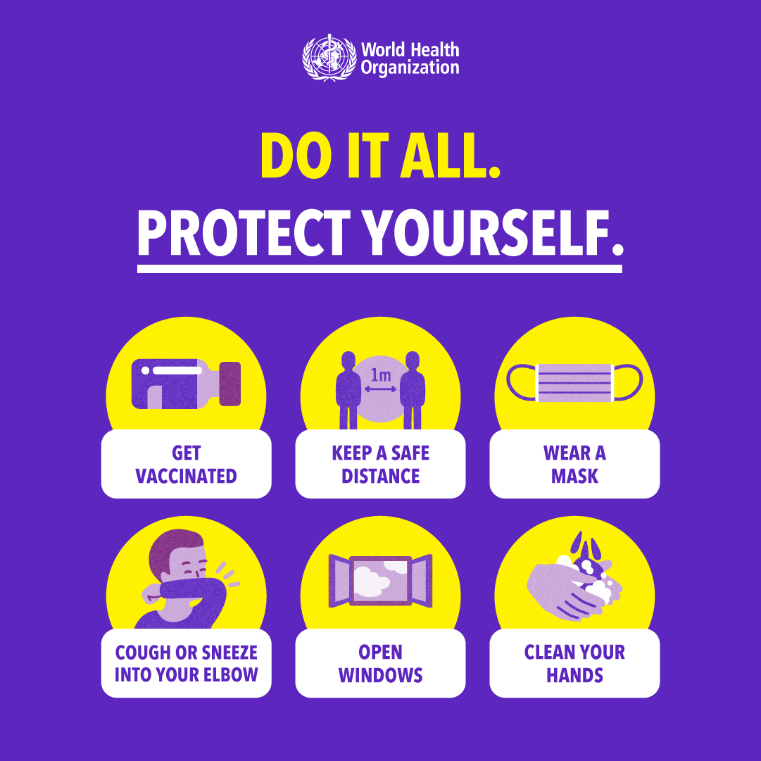 Vaccines alone do not prevent the spread of #COVID19. Please keep: 😷Wearing well-fitted masks ↔️ Safe distancing 🚷Avoiding crowds 🖐️🏽 Cleaning your hands 🪟 Opening windows Do it all to lower your risk!