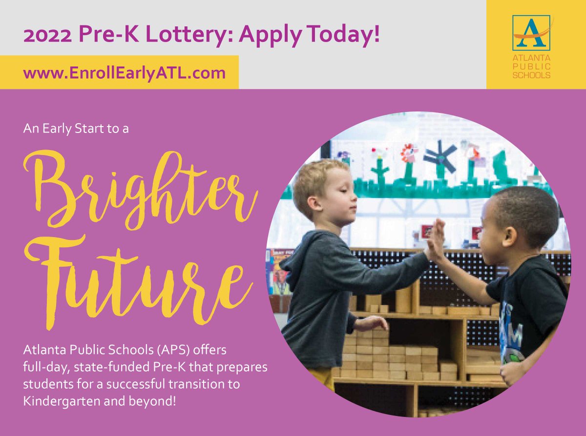 ATL Public Schools (@apsupdate) on Twitter photo The APS Pre-K Program lottery is now open for the 2022-2023 school year! APS Pre-K is a free, full-day program that prepares 4-year-olds for kindergarten and provides an early path to college and career. Visit enrollearlyatl.com to apply until March 11, 2022! The APS Pre-K Program lottery is now open for the 2022-2023 school year! APS Pre-K is a free, full-day program that prepares 4-year-olds for kindergarten and provides an early path to college and career. Visit enrollearlyatl.com to apply until March 11, 2022!