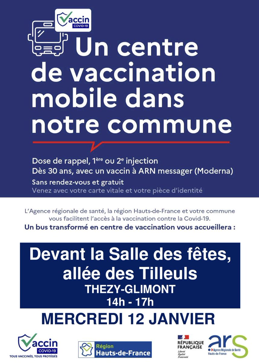 Ce mercredi 12 janvier, un #Vaccinobus de l'@ARS_HDF sera à Thézy-Glimont de 14h à 17h pour vacciner, avec le #Vaccin #Moderna, tous les adultes de + de 30 ans qui le veulent, sans rendez-vous et gratuitement 💉. 
Les #GestesBarrieres devront être respectés 📏😷