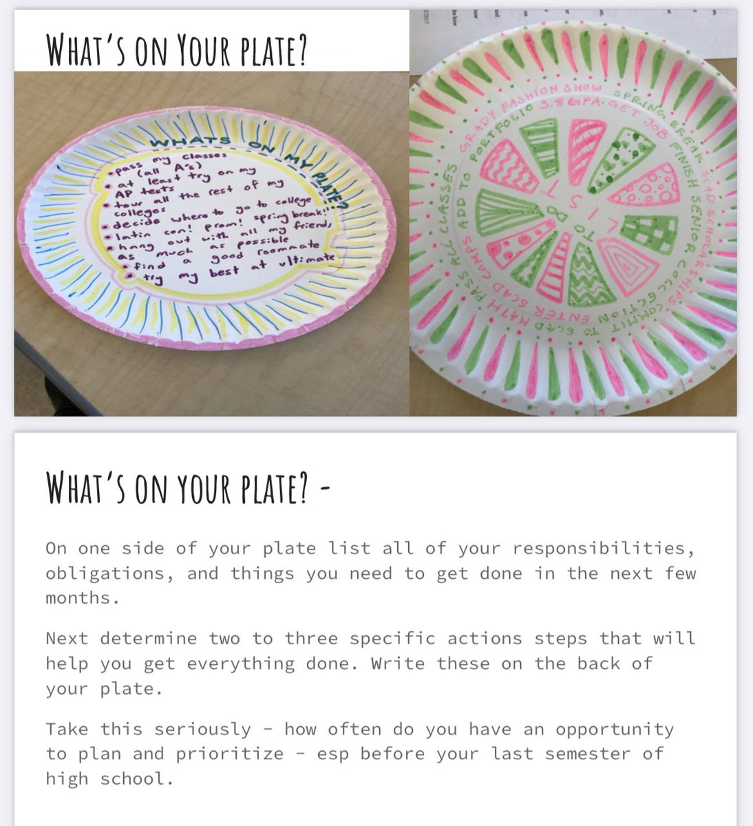 susangbarber's tweet photo. What’s on your plate??? Helping my seniors think through and manage their last semester of high school. https://t.co/ru5X7IxpLj
