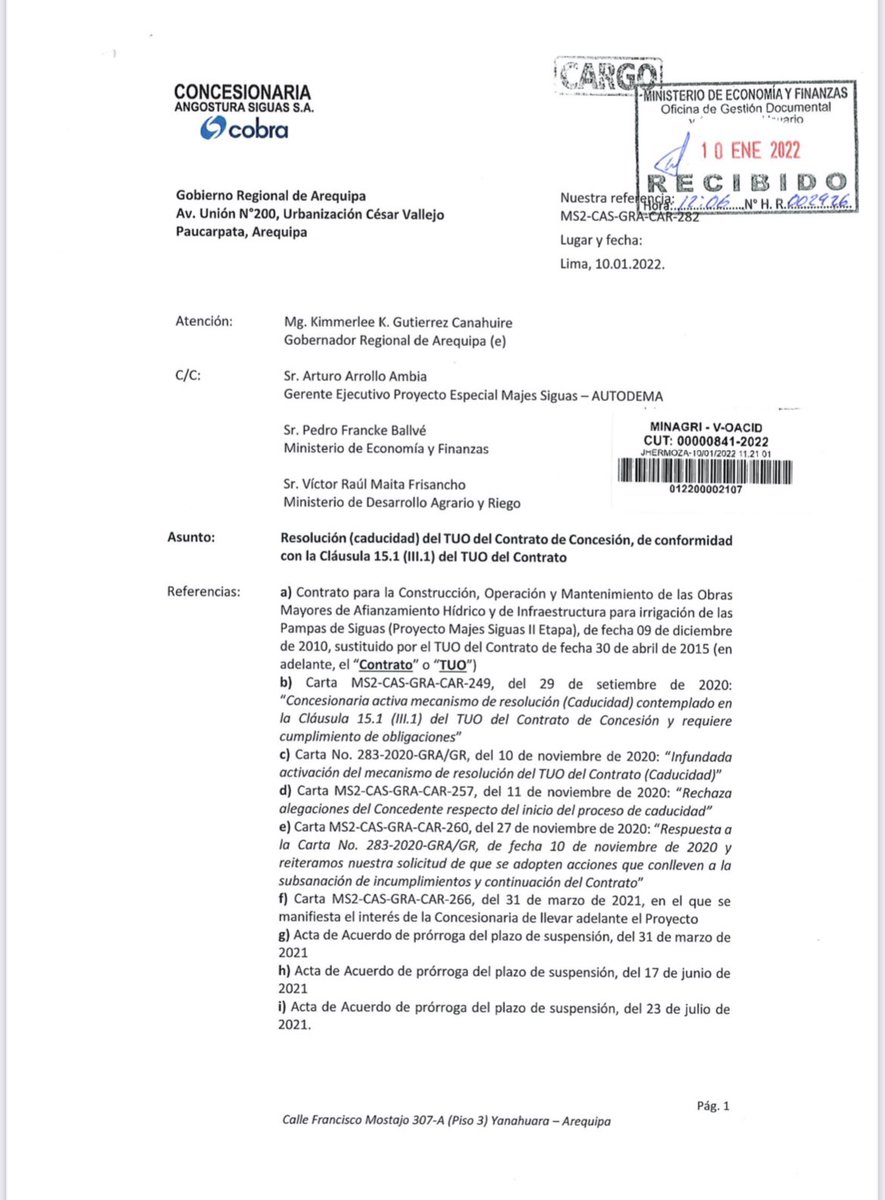 Cobra concluye contrato de Majes Siguas y entrega concesión ante la inacción del Estado.  Terrible la destrucción! Pierde Arequipa, pierde el Peru! 😢