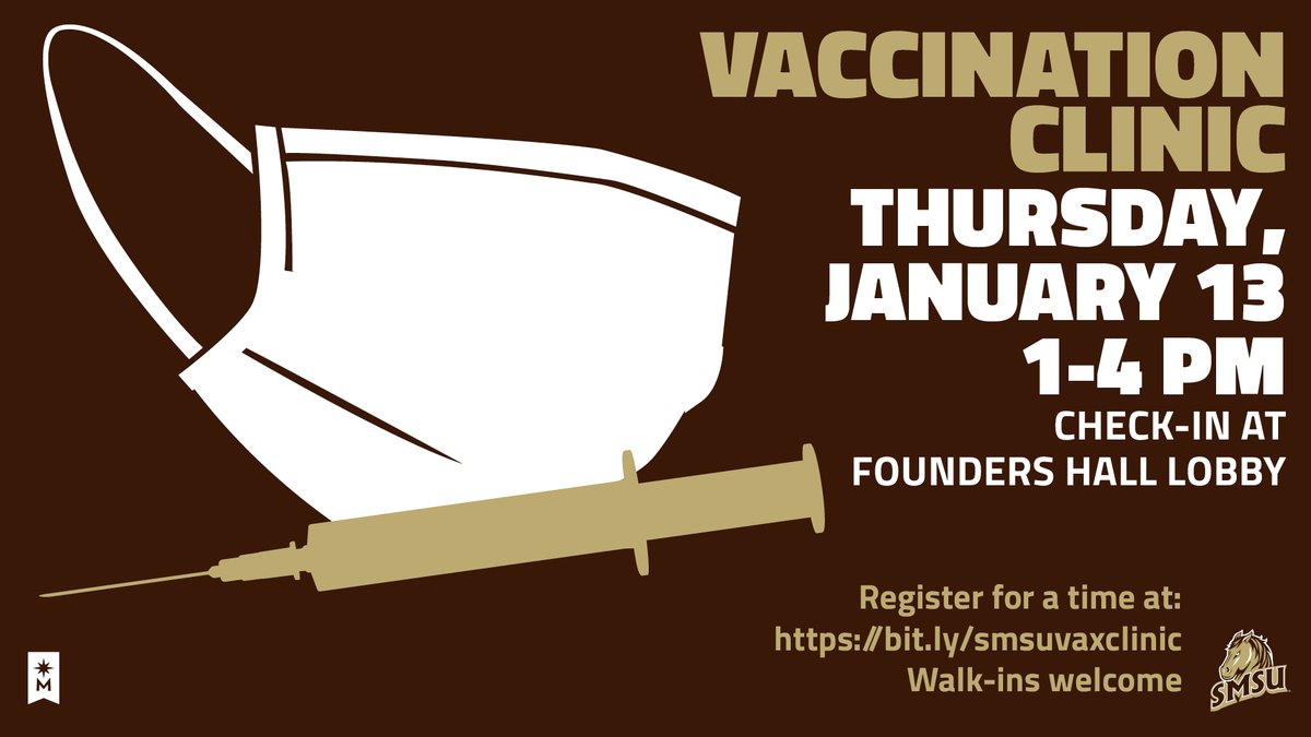 SMSU Students: Still haven't received your COVID vaccine? Time to get your booster? Sign-up for our vaccination clinic on campus Thursday, Jan. 13 in Founders Hall, 1-4pm. Register through HyVee for a time and complete your forms here: bit.ly/smsuvaxclinic