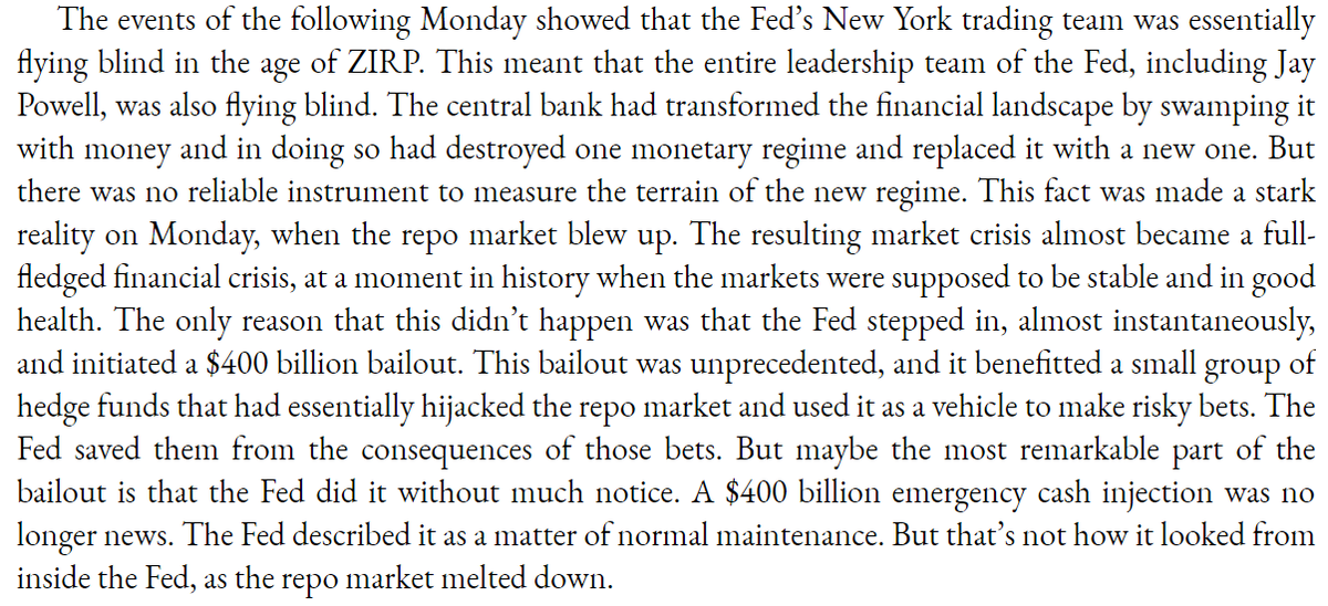 RudyHavenstein's tweet photo. "the Fed stepped in, almost instantaneously, &amp; initiated a $400 billion bailout. This bailout...benefitted a small group of hedge funds that had [used the repo market] as a vehicle to make risky bets. The Fed saved them from the consequences of those bets" https://t.co/SgXhaV3Kmh https://t.co/6XlYJF0YL7