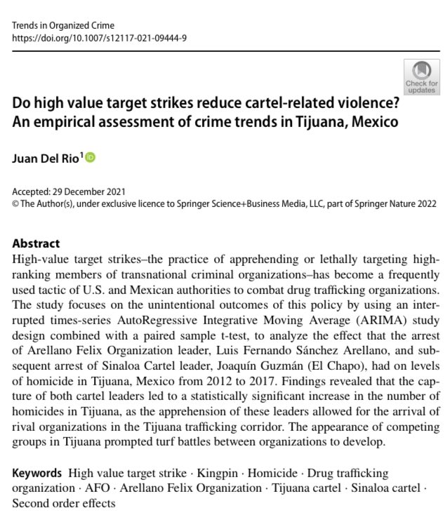 JDelRi0's tweet photo. New publication in #TrendsinOrganizedCrime assessing the link between high value target strikes and cartel-related homicides in Tijuana, Mexico.

https://t.co/WmWnEXgz30 https://t.co/wQYSOxvTFS