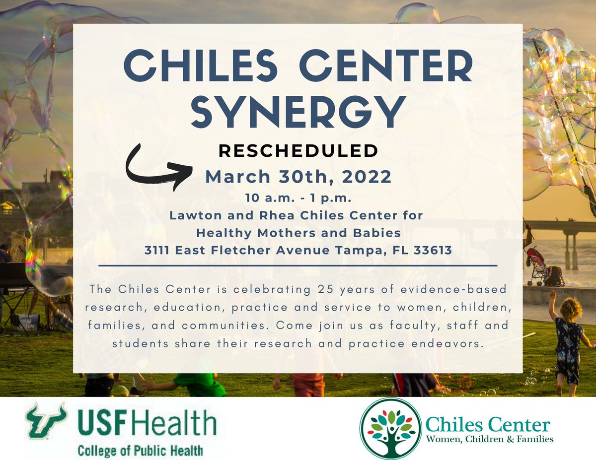 In celebration of the Chiles Center’s 25th Anniversary, the Center is hosting a Synergy to have Center faculty, staff, and students share their current research to practice endeavors!

#chilescenter #usf #healthymothers #healthybabies #maternalhealth #mothers #babies 
@usfcoph
