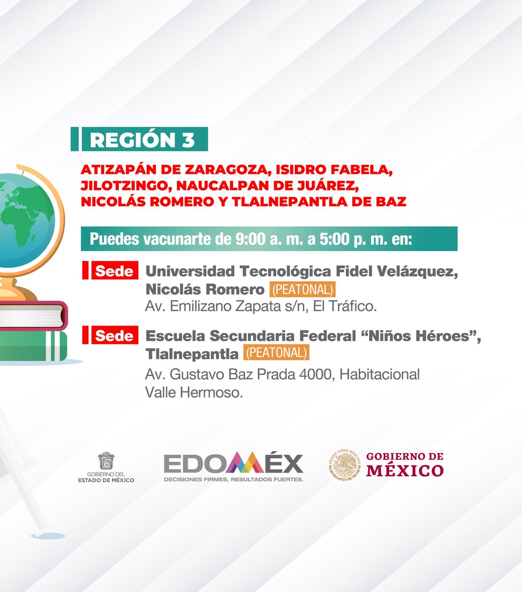 alfredodelmazo's tweet photo. Del 12 al 14 de enero aplicaremos la dosis de refuerzo a personal del sector educativo en #AtizapánDeZaragoza, #IsidroFabela, #Jilotzingo, #Naucalpan, #NicolásRomero y #Tlalnepantla. #EstrategiaDeVacunación https://t.co/GMximsKGVR