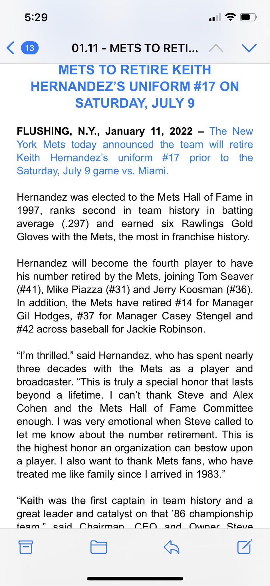 New York Mets to retire No. 17 jersey of Keith Hernandez on July 9