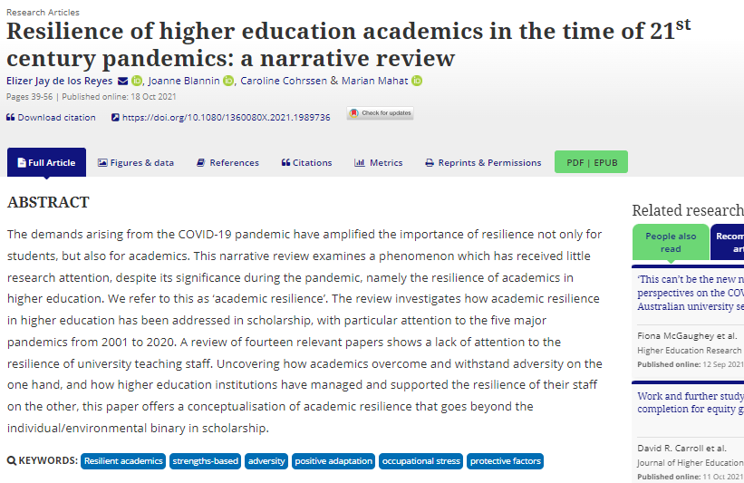 'Invisibilising' academics is detrimental to their resilience. Read the paper on 'Resilience of higher education academics in the time of 21st century pandemics' published in #JHEPM, available for download: tandfonline.com/eprint/EEXEB25…