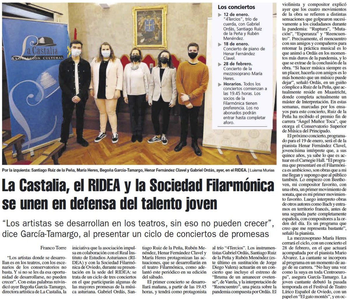 RamonSobrino1's tweet photo. #LaCastalia, el @RIDEA_Asturias y la Sociedad
@FilarmonicaOVD se unen en defensa del talento joven. #BegoñaGarcíaTamargo #SantiagoRuizdelaPeña @Ordas_Gabriel @Larfeuil_Viola @Henarfclavel #MariaHeres 11-01-2022 en @lanuevaespana https://t.co/5LKf4HJFKI