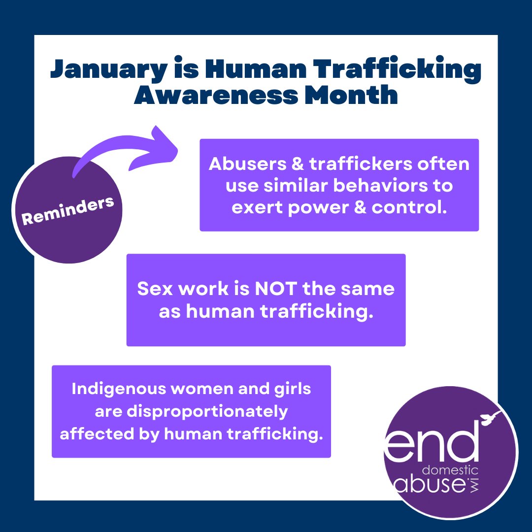 endabuseWI's tweet photo. Today is National Human Trafficking Awareness Day (#NHTAD). Here are some key reminders & resources - watch for more content soon on the intersections of #DomesticViolence & #HumanTrafficking.
#MMIWG2S #SexWorkIsWork #HumanTraffickingAwarenessDay #HumanTraffickingAwarenessMonth https://t.co/UzmO8NOo2h