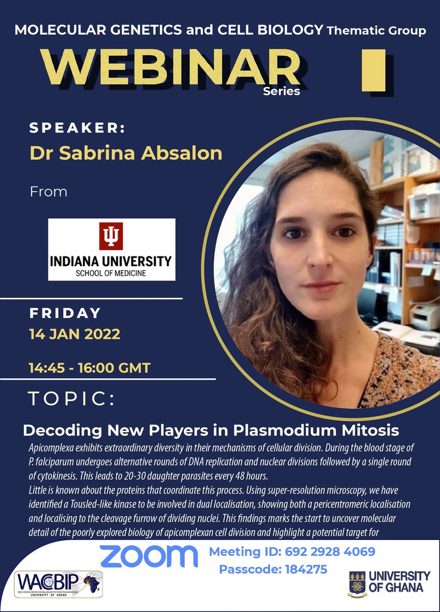 mgcbg_cbil's tweet photo. Hello @Twitter and fellow #Scientists 
Kindly make a date with us this Friday on a webinar discussing #Plasmodium Mitosis with @sabrina_absalon .
Promises to be eye opening 😉. #malaria #phdchat #scicomm #OpenScience #webinars https://t.co/VEKVeZlOc0