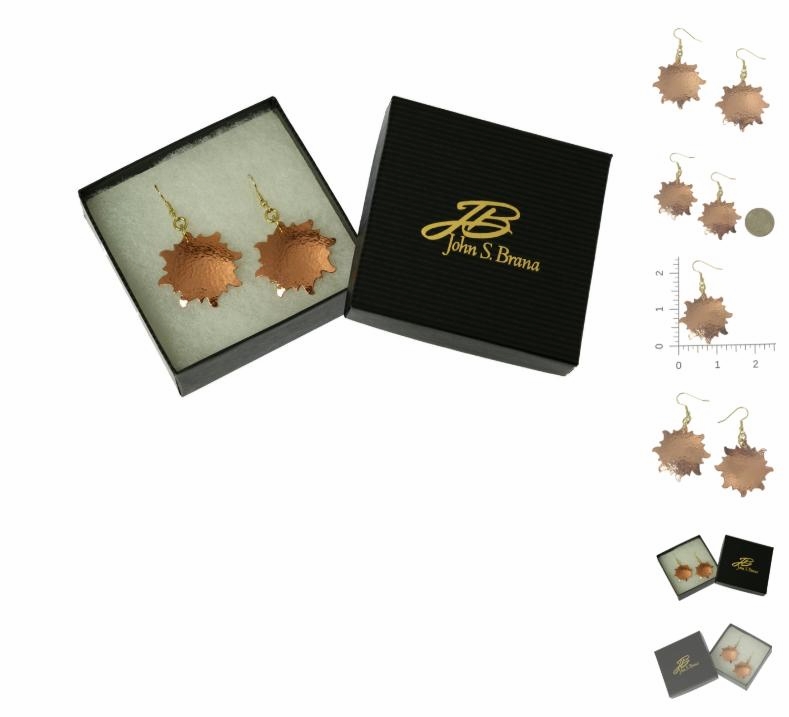 Contemporary Hammered Copper Sunburst Drop Earrings Showcased on John S Brana Handmade Jewelry #JohnSBrana johnsbrana.com/products/hamme… #CopperAnniversary #SFMade #SunburstEarrings