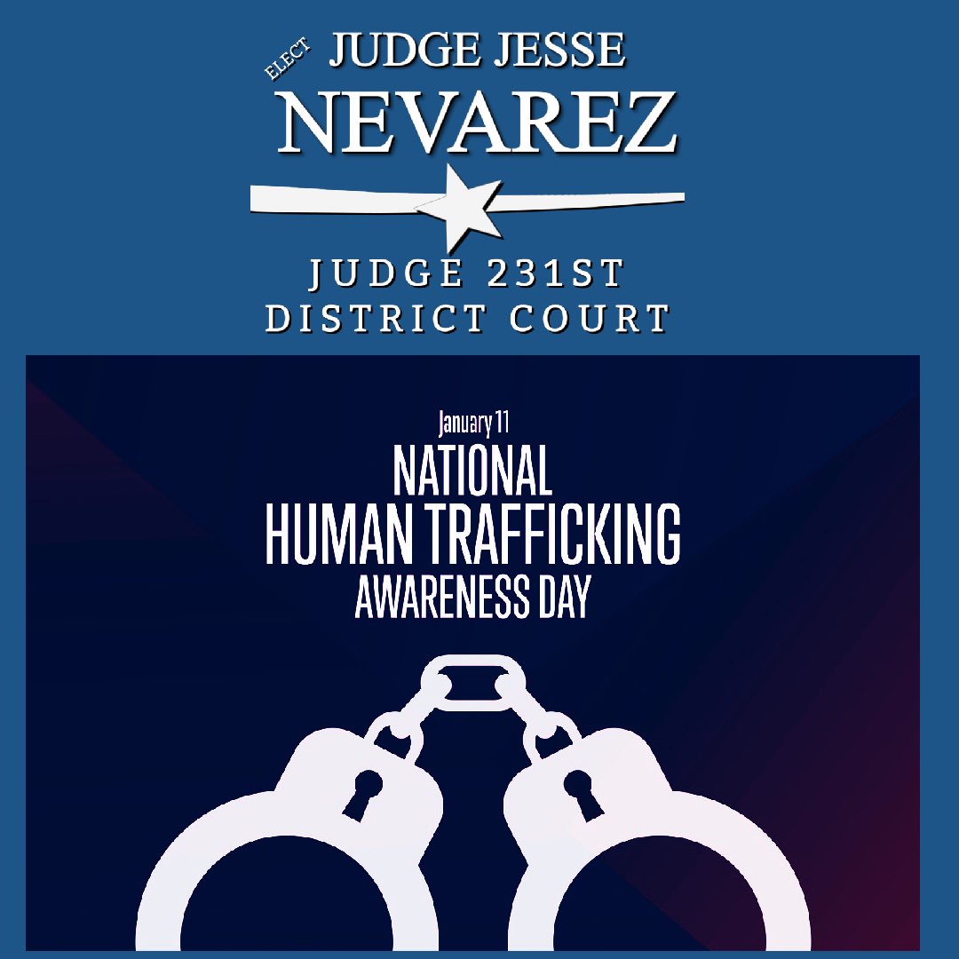 JudgeNevarez's tweet photo. Wear blue today as January 11th is recognized as #HumanTraffickingAwarenessDay. 
#stophumantrafficking❌ Learn about some common indicators here:
https://t.co/dBpdz9JvU4 https://t.co/YTwGdh8NdA