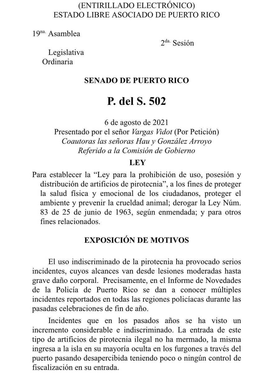 VargasVidot's tweet photo. ¡Primer logro de esta sesión! El Senado aprobó el PS 502 que presentamos por petición de @IcaAnimal para prohibir el uso de pirotecnia. Todos los años somos testigos del daño que la pirotecnia ocasiona a las personas con diversidad funcional, a los animales, al ambiente. (1/2) https://t.co/8GEDDi8ncR