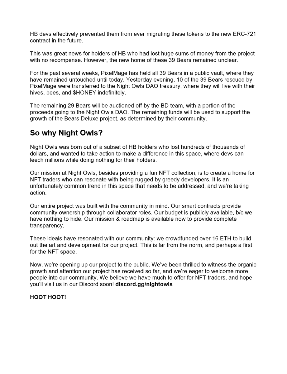 Night Owls (@nightowlsnft) on Twitter photo Today marks a major occasion for Night Owls 🎉
With the help and tremendous generosity of @pixelmagenft, the lead developer of <a href="/bears_deluxe/">Bears Deluxe</a>, 10 Bears Deluxe NFTs were transferred to the Night Owls DAO multisignature wallet.
Why does this matter? Read about our history below👇 Today marks a major occasion for Night Owls 🎉
With the help and tremendous generosity of @pixelmagenft, the lead developer of <a href="/bears_deluxe/">Bears Deluxe</a>, 10 Bears Deluxe NFTs were transferred to the Night Owls DAO multisignature wallet.
Why does this matter? Read about our history below👇