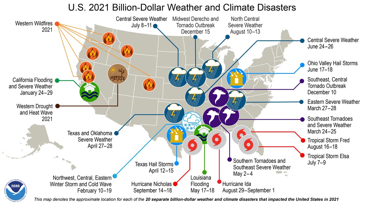 Map showing the locations of the 20 Billion-Dollar Disasters that affected the U.S. in 2021