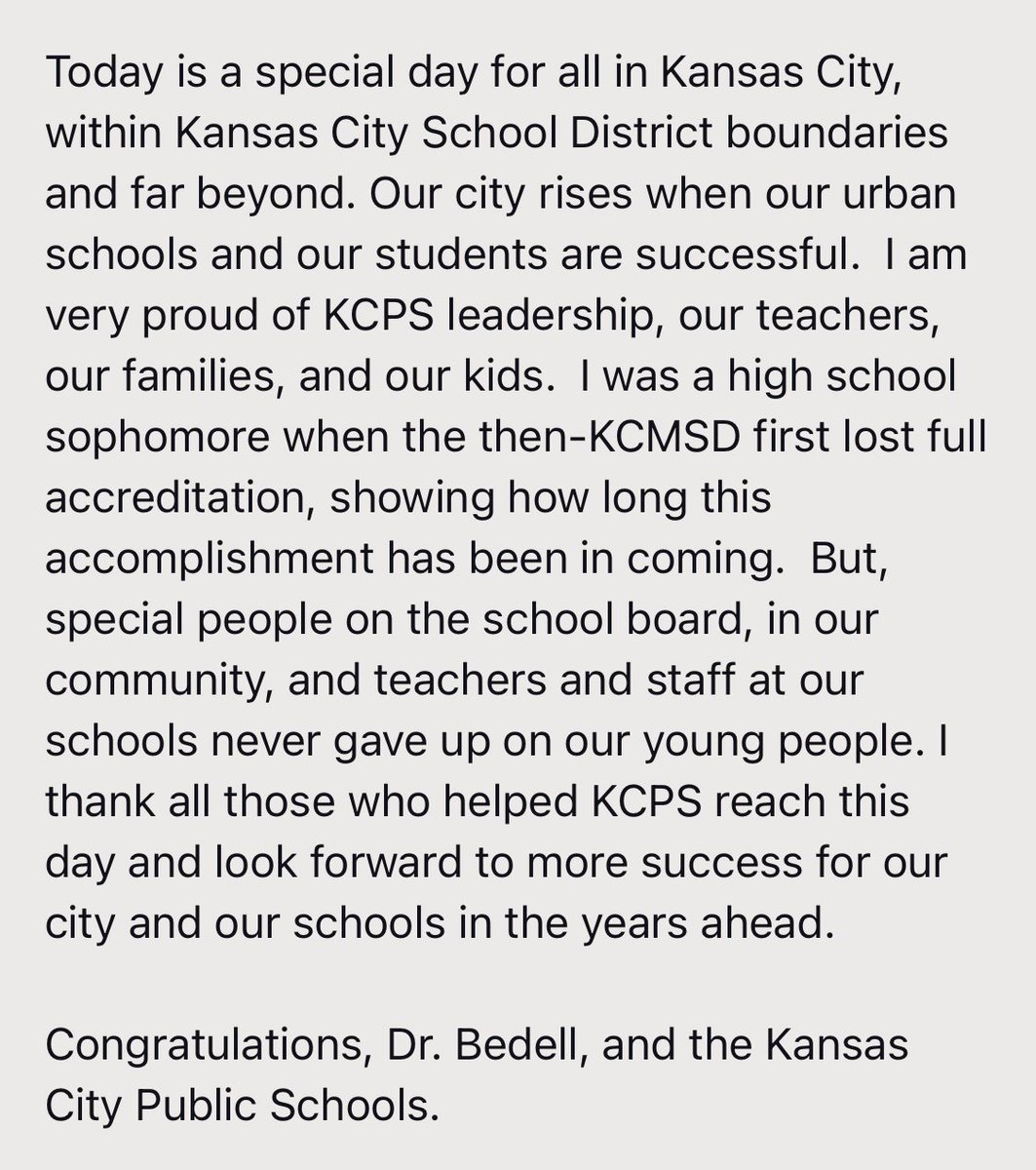On behalf of Kansas City, congratulations to our students, families, teachers, and school leaders.  

Thank you Dr. Bedell and the KCPS Board of Directors.  We look forward to more achievements for our learners and our community ahead.