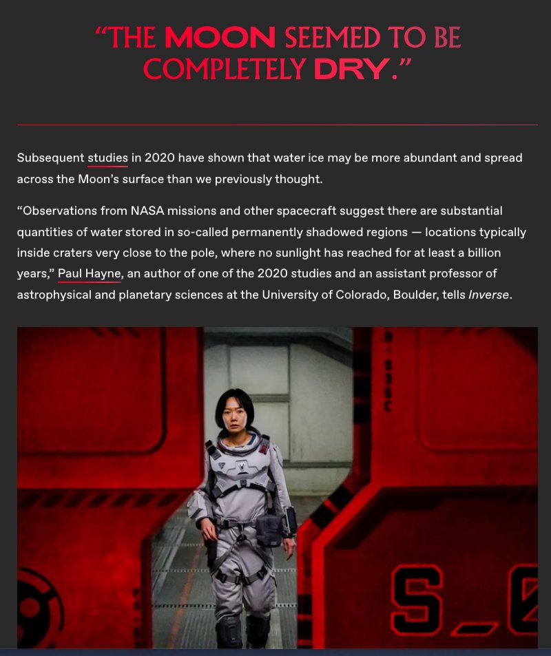 Revkin's tweet image. Lunar water news brought me back to #TheSilentSea, the Korean Netflix series on an effort to harvest Moon water as Earth's runs out. Still struggling with the series (premise, writing~), but loving this #reelscience @TaraYarla @inversedotcom post: inverse.com/science/silent…