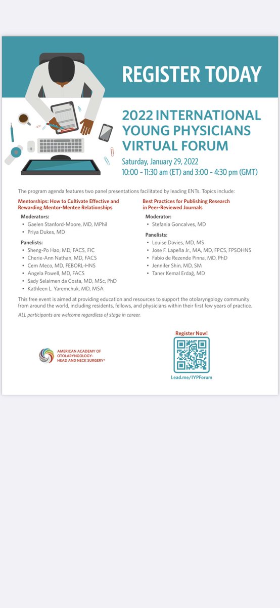 On behalf of <a href="/AAOHNS/">AmAcadOtolaryngology</a> I am organizing a FREE zoom webinar 1/29/22 on mentorship across international borders and submitting research to journals all over the world.
Sign up today! We have incredible surgeons from all over the world as panelists

entnet-org.zoom.us/webinar/regist…