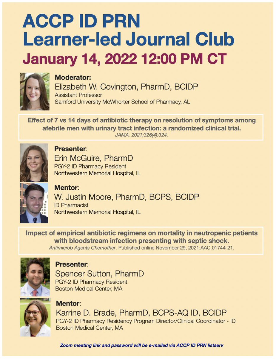🚨Please join us for the next ID PRN Learner-Led Journal Club on January 14th at 12PM Central Time! Journal articles and other details below! Zoom passcode can be found via email on the ID PRN Listserv. Should be a great discussion!🚨 .<a href="/ACCP/">ACCP</a> .<a href="/SIDPharm/">SIDP</a>