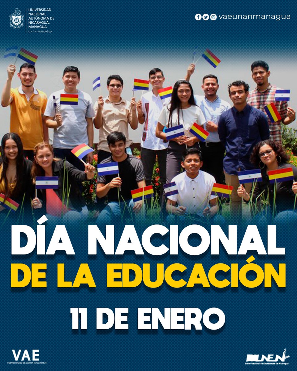 VEstudiantiles's tweet photo. 📚I El Día Nacional de la Educación fue declarado por la Asamblea Nacional, el 11 de enero de 2007, en las primeras horas de mandato del Comandante Daniel Ortega donde se declaró el acceso de educación gratuita.

#SomosUNANManagua #SomosVAE #SomosUNEN #SomosPuebloPresidente https://t.co/LMRogXFoSF