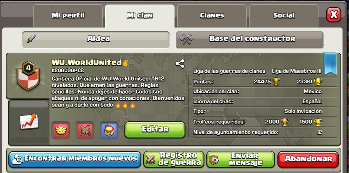 Y así, el clan que solo se hizo para torneos es ahora oficialmente CANTERA de <a href="/WUWorldUnited/">WU.World United</a>

Abrimos las puertas a partir de TH12 nivelados y los TH14 que gusten formar parte del clan principal de ahí los estaremos reclutando.

link.clashofclans.com/es?action=Open…

¡BIENVENIDOS SEAN! 🔥🔥🔥