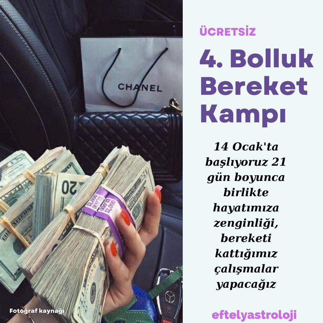 Harika bir haberle geldim ücretsiz 4.bolluk bereket kampımız 14 Ocak'ta başlıyor ✨
Katılmak için şartlar 
-Bu paylaşımı rt'lemek
-Beni takip etmek
-Size bolluğu çağrıştıran emojiyi yoruma bırakmak 
(Çalışma telegram üzerinden gerçekleştirilicek katılanlara linki paylaşacağım)