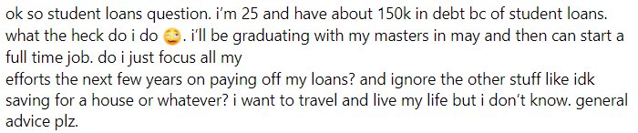 downtobitchness's tweet photo. Murcia. This is from a FB group I’m in. Is there any other country in the world where a 25-year old can be $150K in debt? Ugh. #americafuckyeah #america #studentloans #CancelStudentDebt https://t.co/bKR94ccnyp
