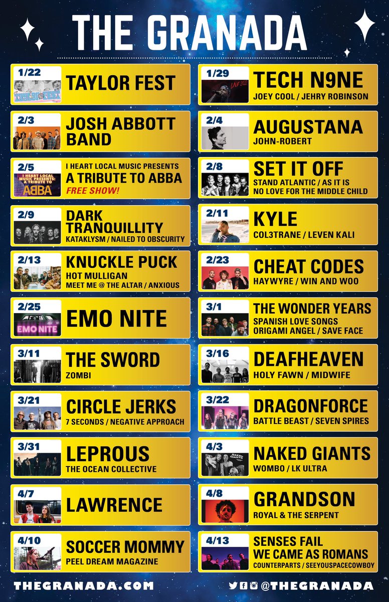 theGranada's tweet photo. With an exciting lineup of shows in 2022, we've decided to do a ticket giveaway!🎉

To enter, RT this and follow us! The winner will win a pair of tix to a show from this calendar of their choice 🎫

This giveaway ends this Friday at noon &amp; winner will be announced that afternoon https://t.co/OcOIGrXUuS