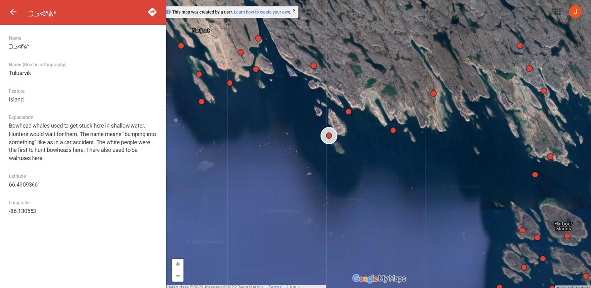 jeffwhigdon's tweet photo. This is super interesting - #Tuluarvik, where #bowheadwhales #arvik would get stuck in shallow water. Between #Naujaat and the Harbour Islands. The @InuitHeritage Inuit Heritage Trust's #Nunavut place names database is an amazing resource.ย #Inuktitut https://t.co/8vOM6ImwFH