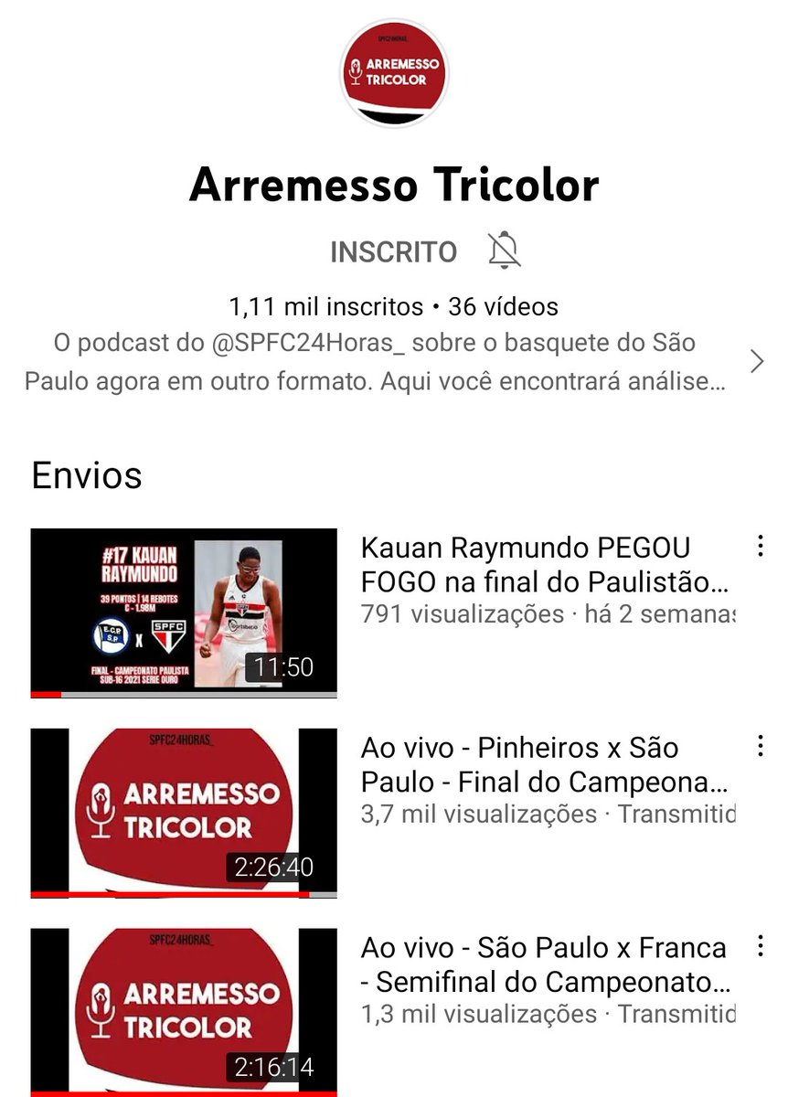 Se inscrevam no canal do <a href="/ArremessoSPFC/">Arremesso Tricolor</a> , via YouTube, onde o <a href="/LigadosSPFCbasq/">Ligados no São Paulo Basquete</a> é o head da gestão estratégica e de conteúdo das transmissões ao vivo do basquete de base são-paulino. 

📲 Link: youtube.com/channel/UC9Ioh…

(+)