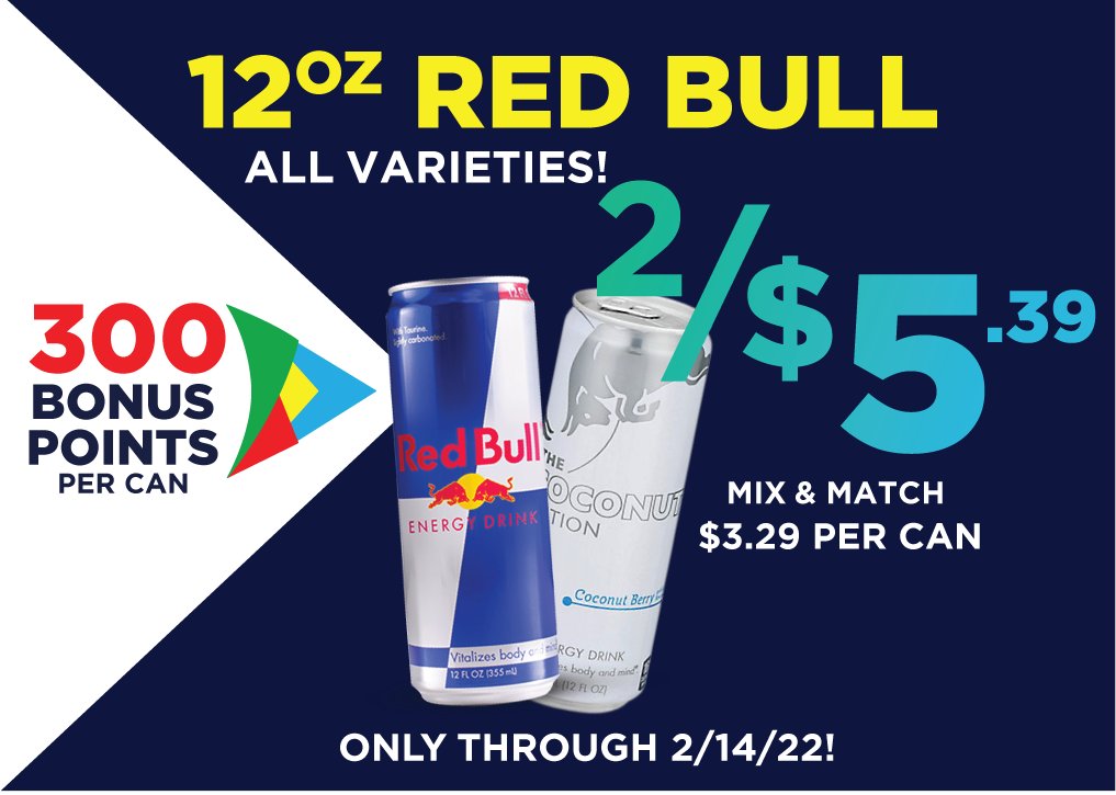 Buy your favorite Red Bull... save $$ on fuel! 300 Bonus Points PER CAN right now! Only 500 LASSUSGO Points equals 5¢ off/gallon!