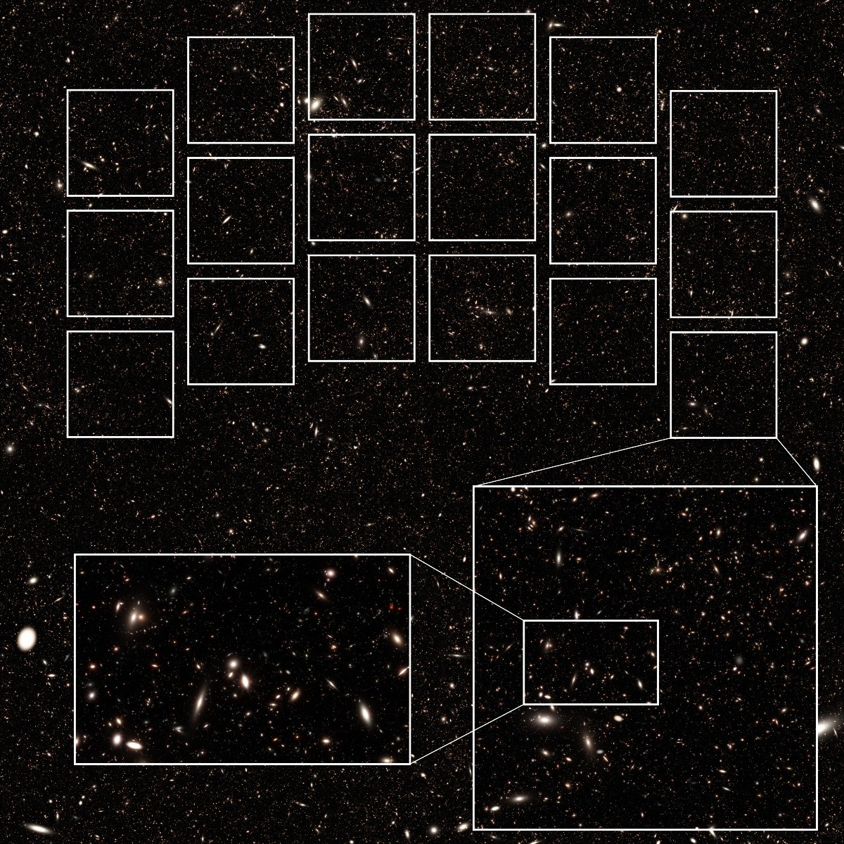 SpaceTelescope's tweet photo. This simulated image shows how @NASARoman could expand on #Hubble’s deepest view—and reveal millions of galaxies: https://t.co/6hUZuYHMea https://t.co/HBc2C4DwW8