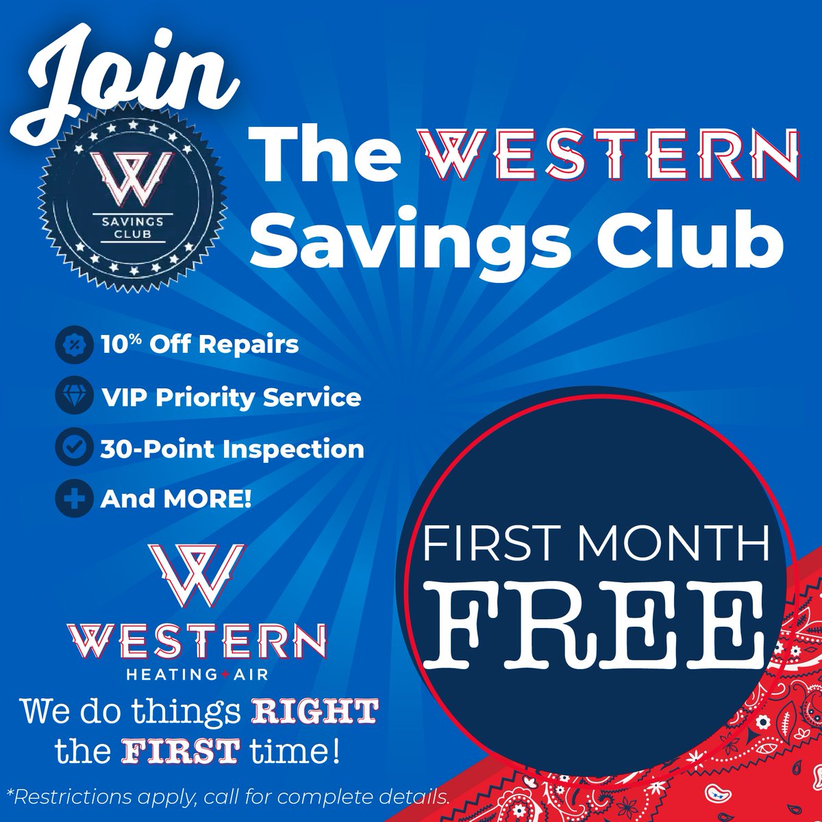 Did someone say FREE? 👀
Join the Western Savings Club NOW and pay $0 for the first month. Give us a call for more information at (801) 224-8899. ☎️

#BestOfUtahValley #RedHandkerchiefPromise #Lehi #Orem #Utah
#UtahCountyHVAC