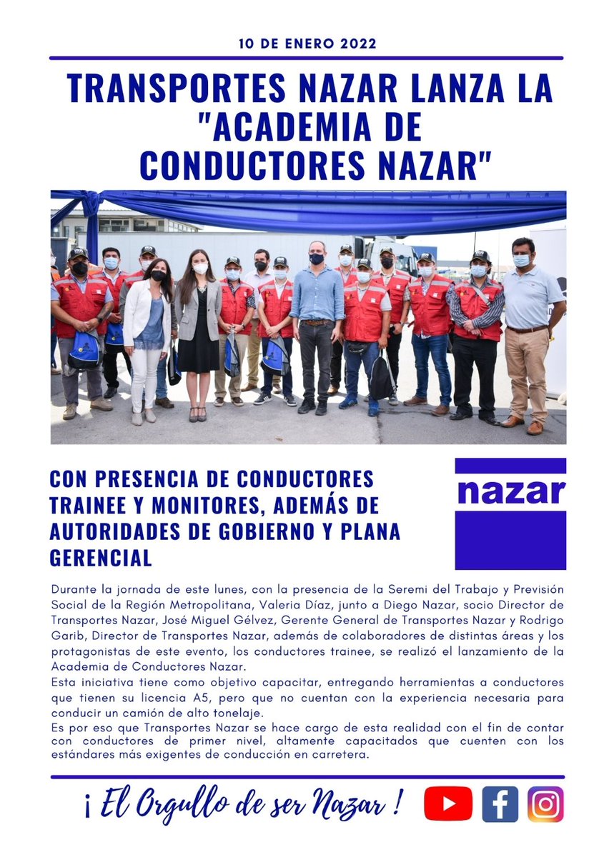 TranspNazar's tweet photo. 🤝Lanzamiento "Academia de Conductores Nazar". Somos formadores y queremos que esto sea el puntapié inicial para que nuevas empresas también tomen la posta y nos hagamos cargo del importante déficit de conductores en Chile. Gracias @MintrabChile Valeria Díaz por estar presentes. https://t.co/zPFn9LreQ6