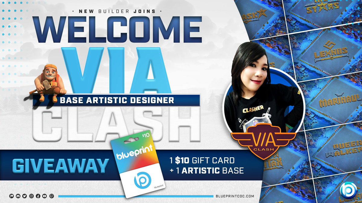 🥳┋We have a new Builder joining, this time is different, for the first time ever we have a Showcase Builder! 😱

🎁┋GIVEAWAY to give her some love!🥰
    
💙Follow <a href="/Via_Clash/">Via Clash</a> &amp; <a href="/BlueprintCoC/">Blueprint CoC | Code BLUE</a>!
 🔃 RT and like this post!

Get one artistic design from her!
discord.gg/Blueprint