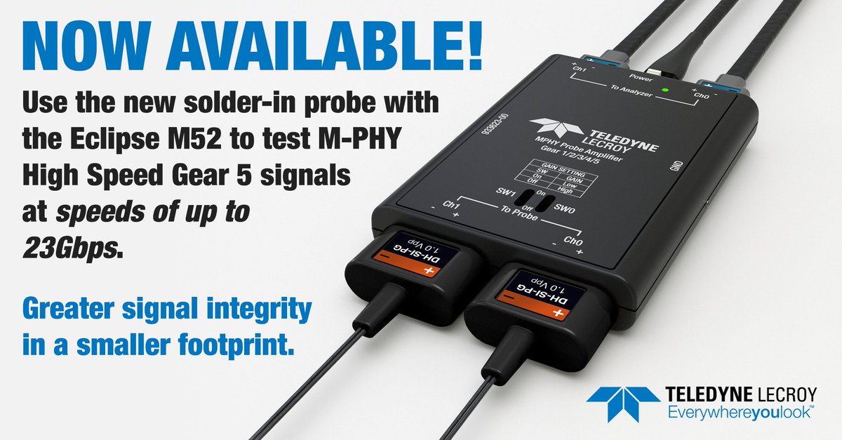 TeledyneLecroy's tweet image. Solder-in Probe NOW AVAILABLE with MIPI M-PHY® High-Speed GEAR 5 UFS 4.0 #ProtocolAnalyzer #ProtocolExerciser! Read the full press release to learn more: lcry.us/3GiszSo #mipi #probe #mphy #unipro #ufs