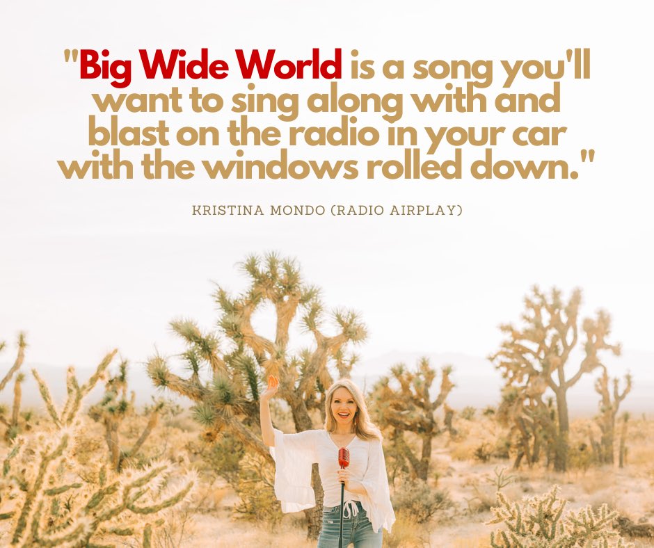 Brenda_Burch's tweet photo. Thanks for the nice review! 🙏🏻 “Big Wide World is a song you’ll want to sing along with and blast on the radio in your car with the windows rolled down.” - Kristina Mondo (Radio Airplay)
.
.
.
.
#BigWideWorld #BrendaBurch #NewMusic https://t.co/58TJQ8bnFn