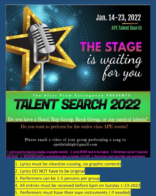 Talent Search!! Send in our performance videos to apekleinhigh@gmail.com by Sunday 01/23.