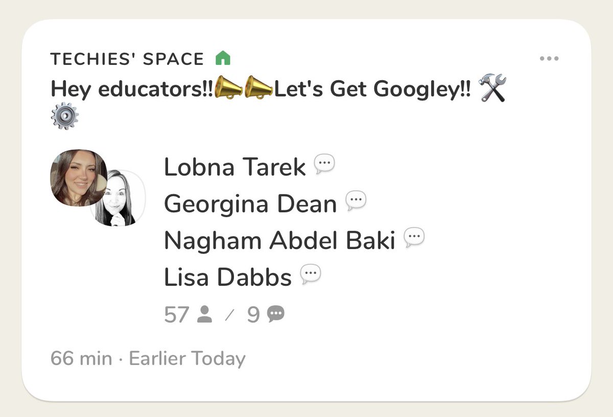 Lobna Tarek (@techiessspace) on Twitter photo Thanks to all the ones who joined today's room on Clubhouse. Amazing googley stuff was shared. See you all on Jan, 25th .. Any suggested topics??
@TechyLeaderEDU <a href="/naghambaki/">Nagham Abdel Baki - Techtastic Educator</a> <a href="/itslisadabbs/">Lisa D</a> <a href="/DebbieOsomo/">Deborah Osomo | International Educator</a> <a href="/edu_metaverse/">Israa Lulu</a> <a href="/Nawzil11/">Nawzil</a> <a href="/MrCaffrey/">Andrew Caffrey</a> <a href="/Salwakamal_/">Salwa</a> <a href="/rayan_kamel24/">Rayan Kamel</a> Thanks to all the ones who joined today's room on Clubhouse. Amazing googley stuff was shared. See you all on Jan, 25th .. Any suggested topics??
@TechyLeaderEDU <a href="/naghambaki/">Nagham Abdel Baki - Techtastic Educator</a> <a href="/itslisadabbs/">Lisa D</a> <a href="/DebbieOsomo/">Deborah Osomo | International Educator</a> <a href="/edu_metaverse/">Israa Lulu</a> <a href="/Nawzil11/">Nawzil</a> <a href="/MrCaffrey/">Andrew Caffrey</a> <a href="/Salwakamal_/">Salwa</a> <a href="/rayan_kamel24/">Rayan Kamel</a>