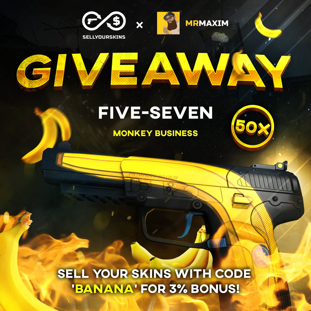 First Giveaway of 2022. 🎁 50 Monkey Business for 50 players! Just to keep the good ol' banana theme going a little longer. 🍌 - RT & Follow - Follow @sellyourskins Sell your skins for instant cash with 3% extra at sellyourskins.com/ref/banana #AD Winners drawn end of month 📆