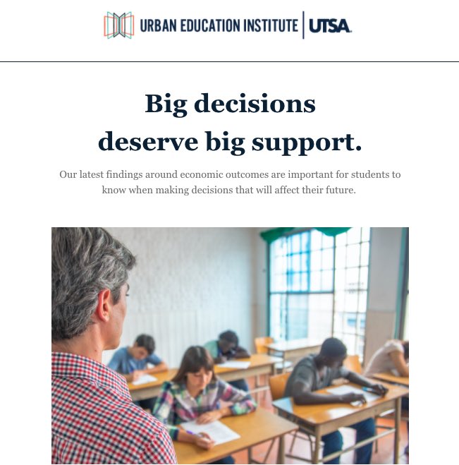 Big decisions deserve big support. In our January newsletter, we share our latest findings around economic outcomes, and why they are important for students to know when making decisions about their future. 
mailchi.mp/utsa/uei-newsl…
<a href="/RPP_Network/">NNERPP</a> <a href="/coehdresch_utsa/">UTSA COEHD Research</a> <a href="/UTSAResearch/">UT San Antonio Research</a>