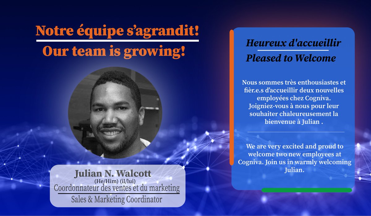 Nous sommes très enthousiastes et fièr.e.s d’accueillir un nouvel employé chez Cogniva. Joigniez-vous à nous pour souhaiter chaleureusement la bienvenue à Julian!
---
We are very excited and proud to welcome a new employee at Cogniva. Join us in warmly welcoming Julian!