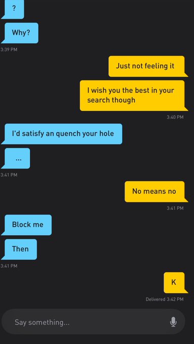 Uh no means no&hellip;ps I blocked him #nomeansno #respectothers #blocked #byefelecia #ohhellno #grindr #grindrfail<a href="/tag/nomeansno"class="tags">#nomeansno</a><a href="/tag/respectothers"class="tags">#respectothers</a><a href="/tag/blocked"class="tags"><span>#blocked</span></a><a href="/tag/byefelecia"class="tags"><span>#byefelecia</span></a><a href="/tag/ohhellno"class="tags"><span>#ohhellno</span></a><a href="/tag/consentissexy"class="tags"><span>#consentissexy</span></a>