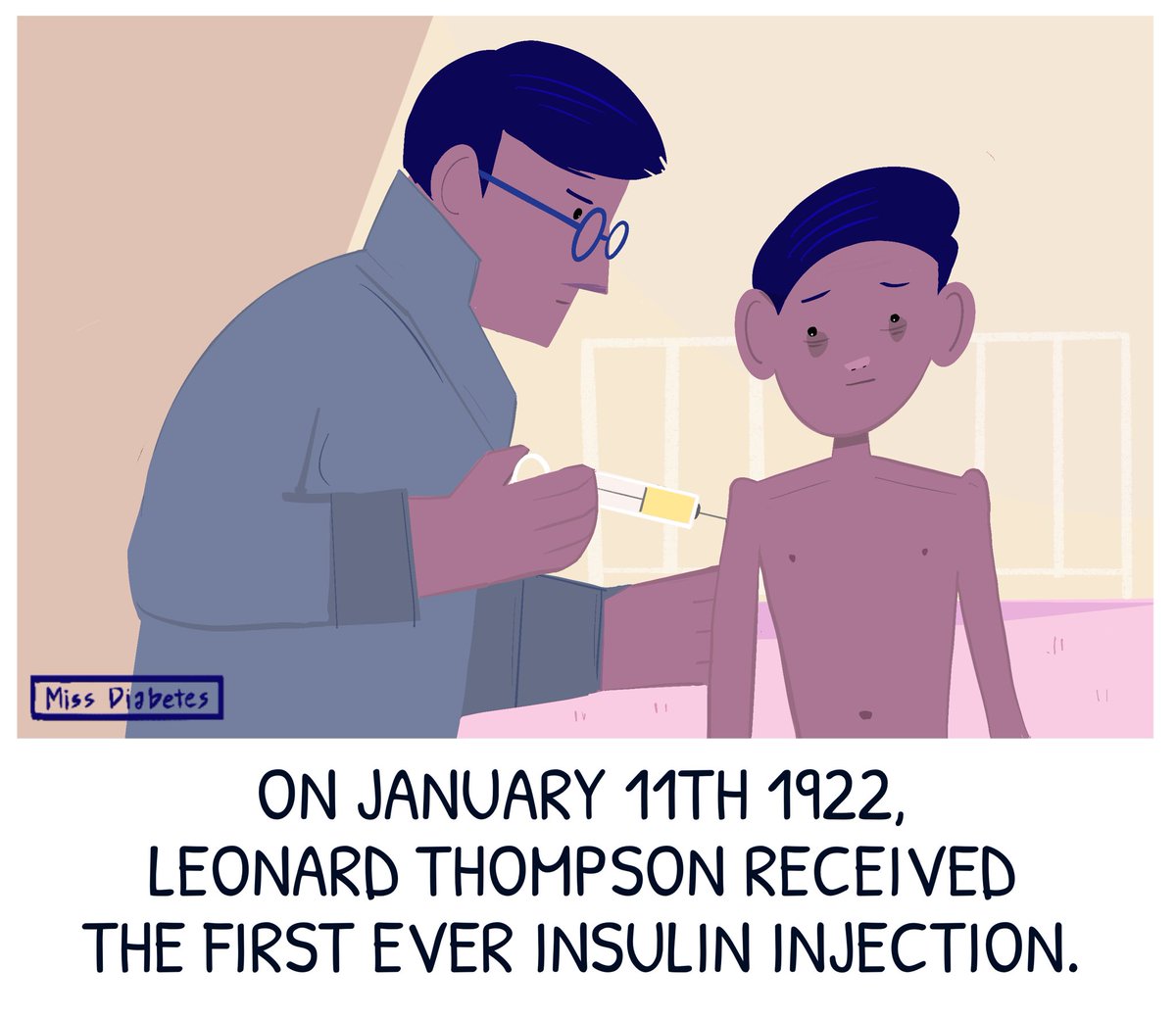 100 years ago, the first ever insulin injection was given to Leonard Thompson, a 14 year old boy, at Toronto Hospital. He was diagnosed with diabetes three years before, and was now very sick. He weighed just 69 pounds, and was drifting in and out of diabetic coma. 1/8