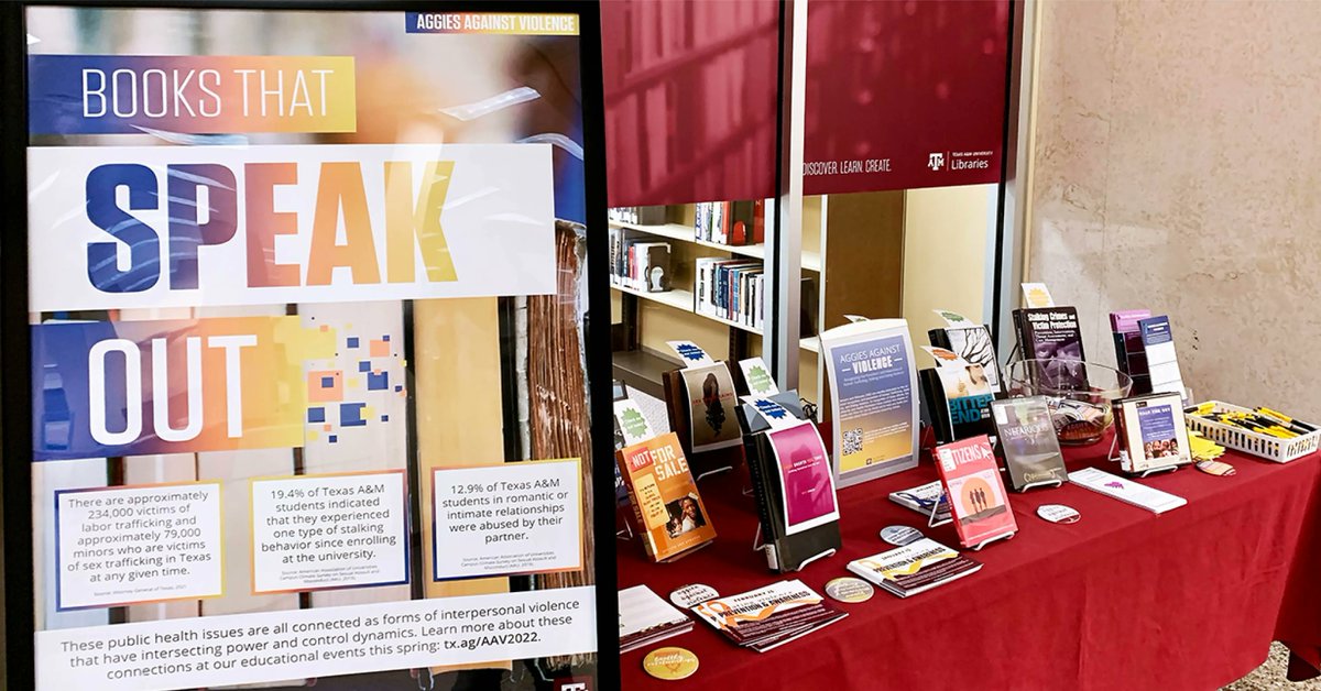 tamulibraries's tweet photo. The Libraries and @TAMU_HP invite you to stop by our displays at BLCC and Evans dedicated to National Recognition &amp; Prevention months of Human Trafficking, Stalking, and Dating Violence. Learn more with our online guide at: https://t.co/UQBvABPJlh 
#AggiesAgainstViolence #TAMU https://t.co/6kbrhQXi8V
