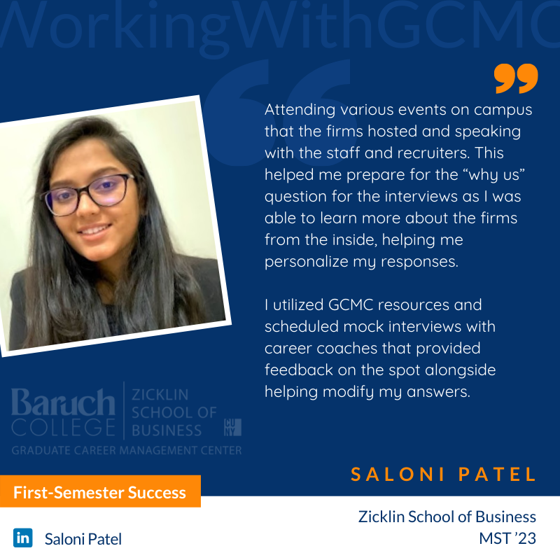 ZicklinGCMC's tweet image. Saloni Patel (MST ’23) shared with us about her #internshipsearch process. Saloni is a first-semester student who secured multiple offers, accepting offers with CBIZ, KPMG, and Withum for internships in the coming semesters.

🔗Read Saloni&apos;s full story: ow.ly/Qlpi50HsfpE