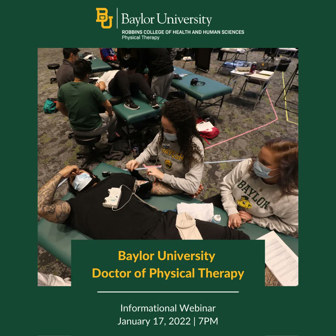 BaylorDPT's tweet image. Would you like to find out how you could get your #DPTin2? Join Dr. Kyle Adams, January 17th at 7 pm CST for our Informational Webinar. Registration information can be located here: buff.ly/39G804s. 
#SicEmDPT #BaylorDPT #BU24